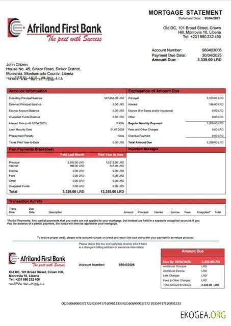 Libéria Afriland First Bank Libéria relevé hypothécaire Modèle Word et PDF